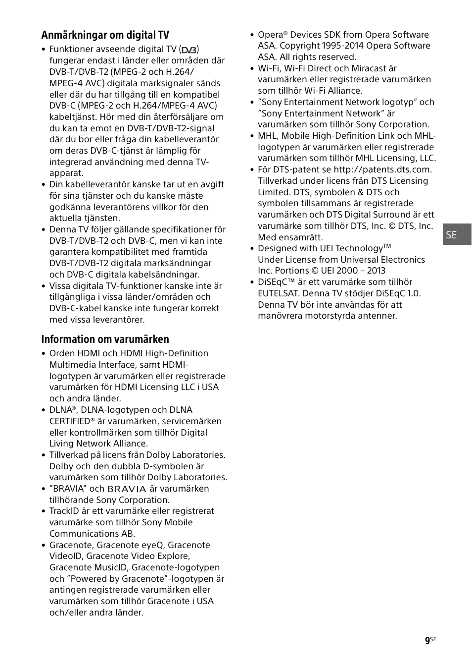 Anmärkningar om digital tv, Information om varumärken | Sony KDL-48W585B User Manual | Page 73 / 192