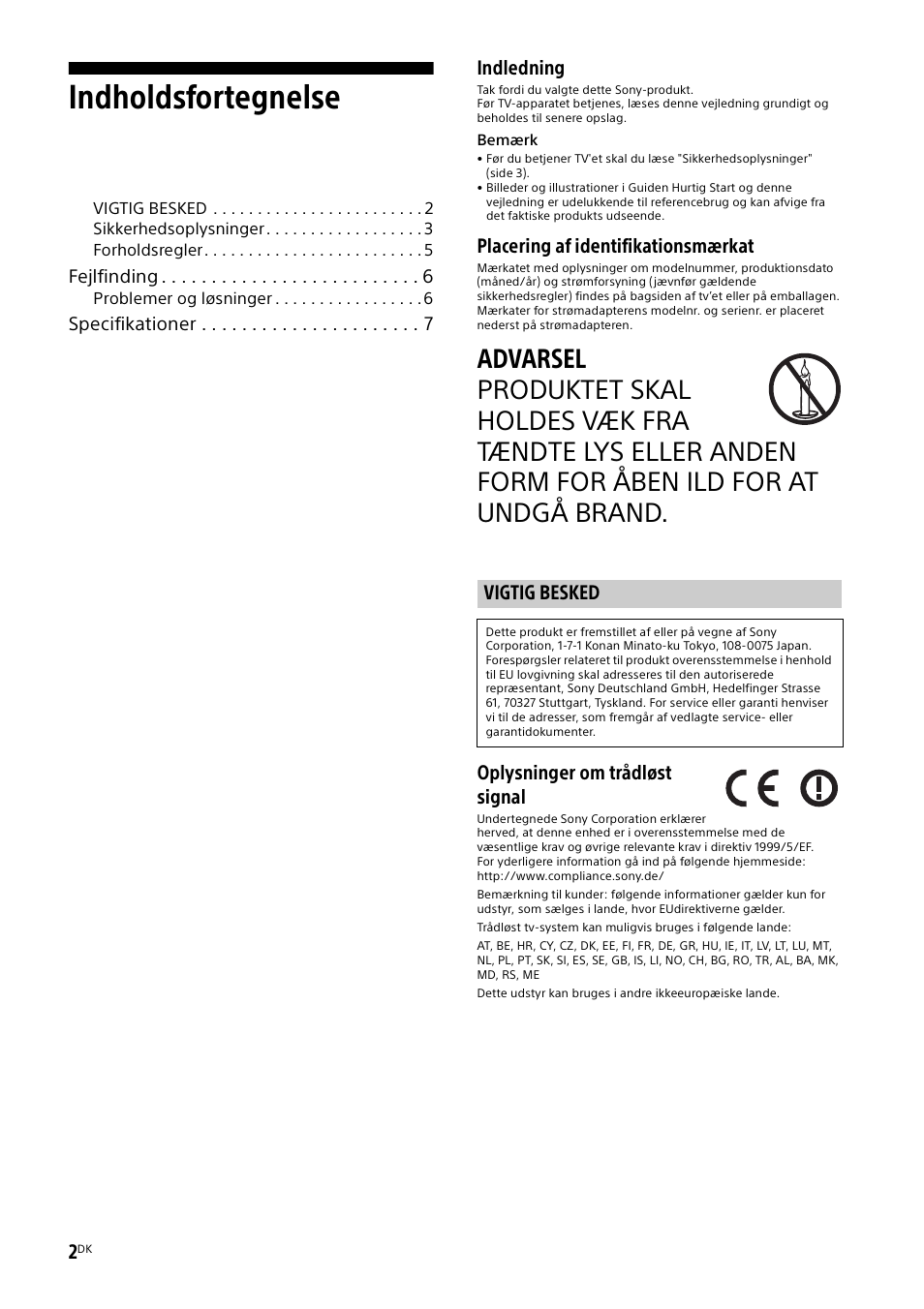 Vigtig besked, Indholdsfortegnelse, Indledning | Placering af identifikationsmærkat, Oplysninger om trådløst signal | Sony KDL-48W585B User Manual | Page 74 / 192