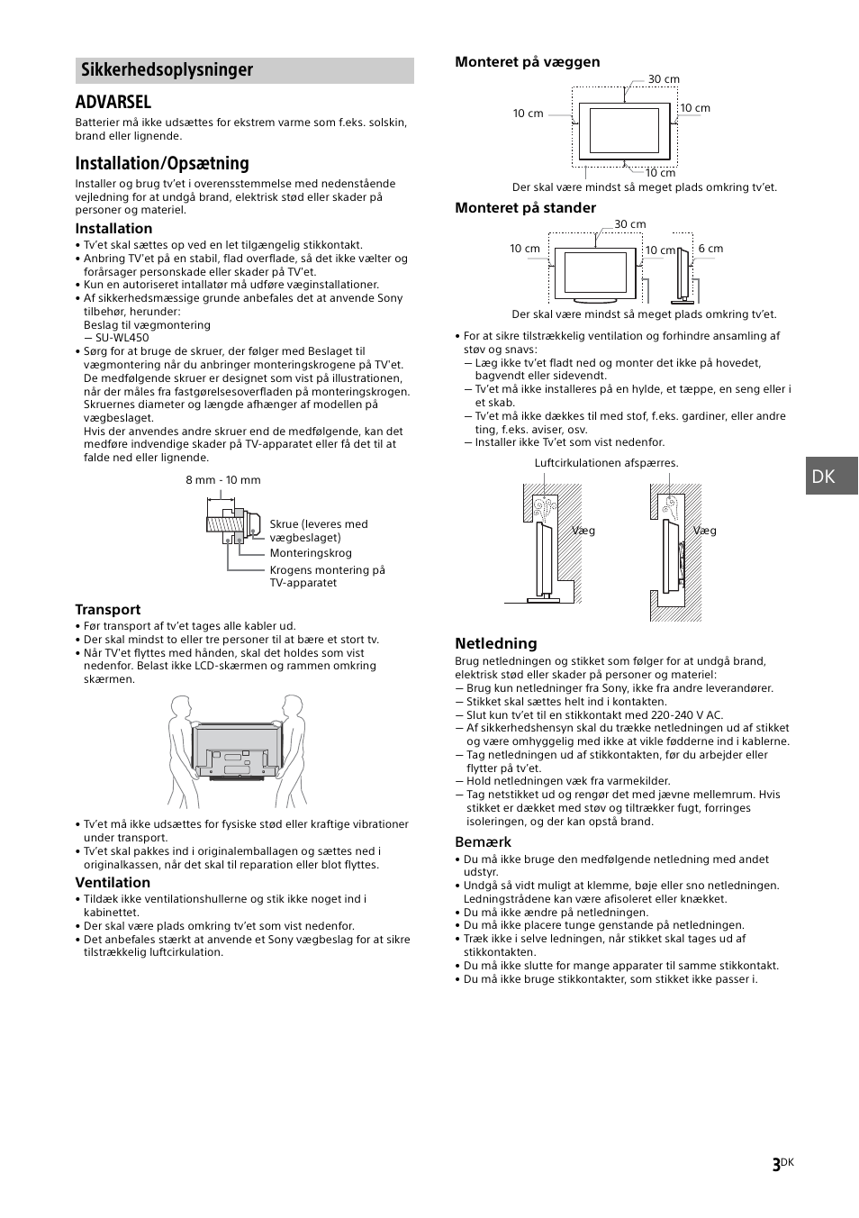 Sikkerhedsoplysninger, Side 3), Dk 3 | Advarsel, Installation/opsætning | Sony KDL-48W585B User Manual | Page 75 / 192