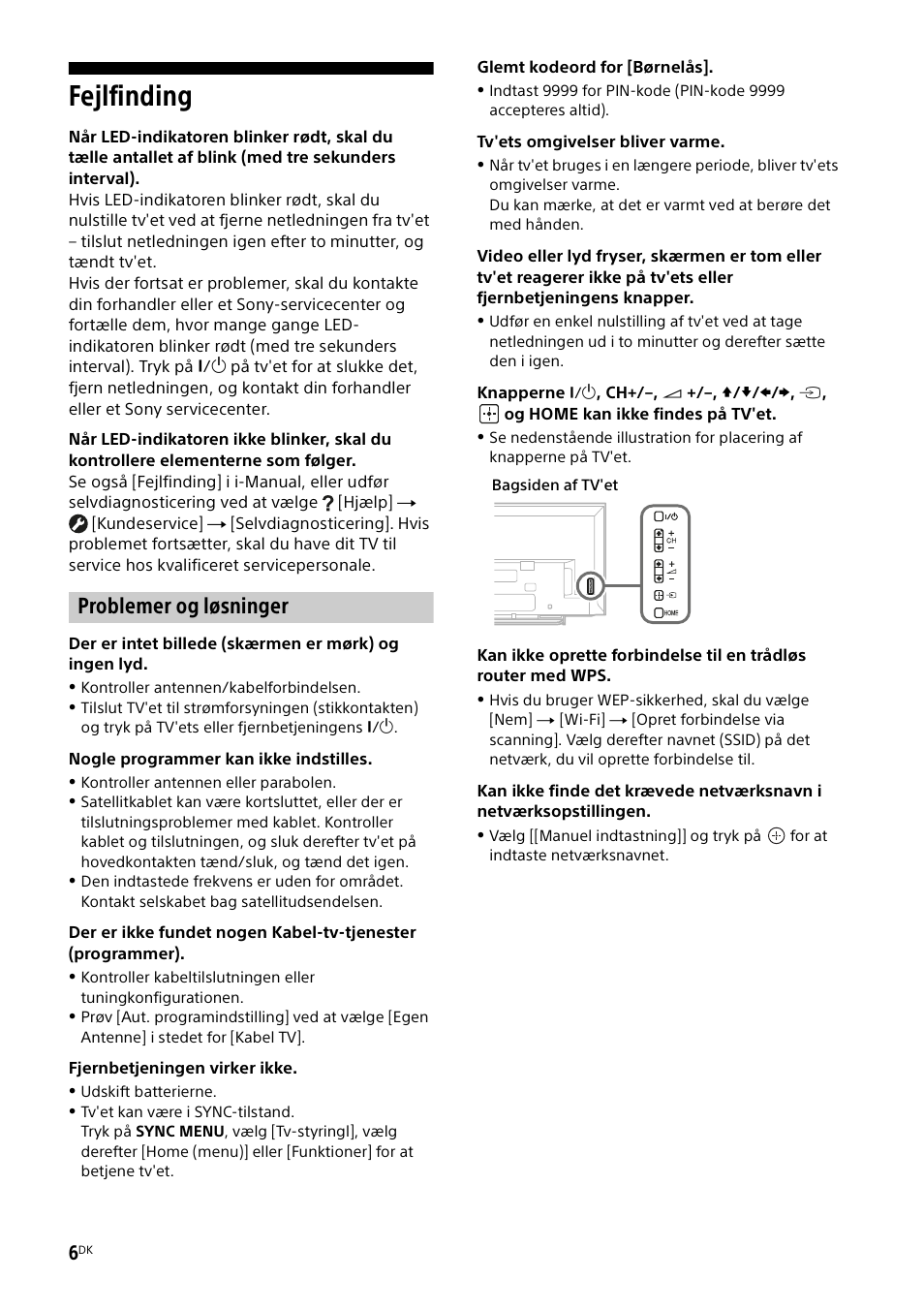 Fejlfinding, Problemer og løsninger | Sony KDL-48W585B User Manual | Page 78 / 192