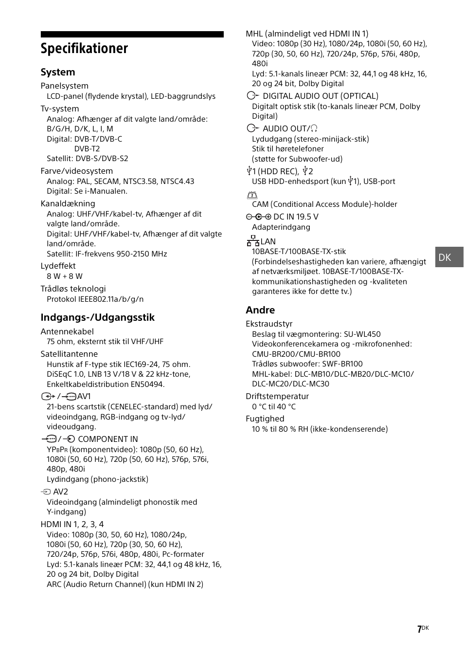 Specifikationer, Dk 7, System | Indgangs-/udgangsstik, Andre | Sony KDL-48W585B User Manual | Page 79 / 192
