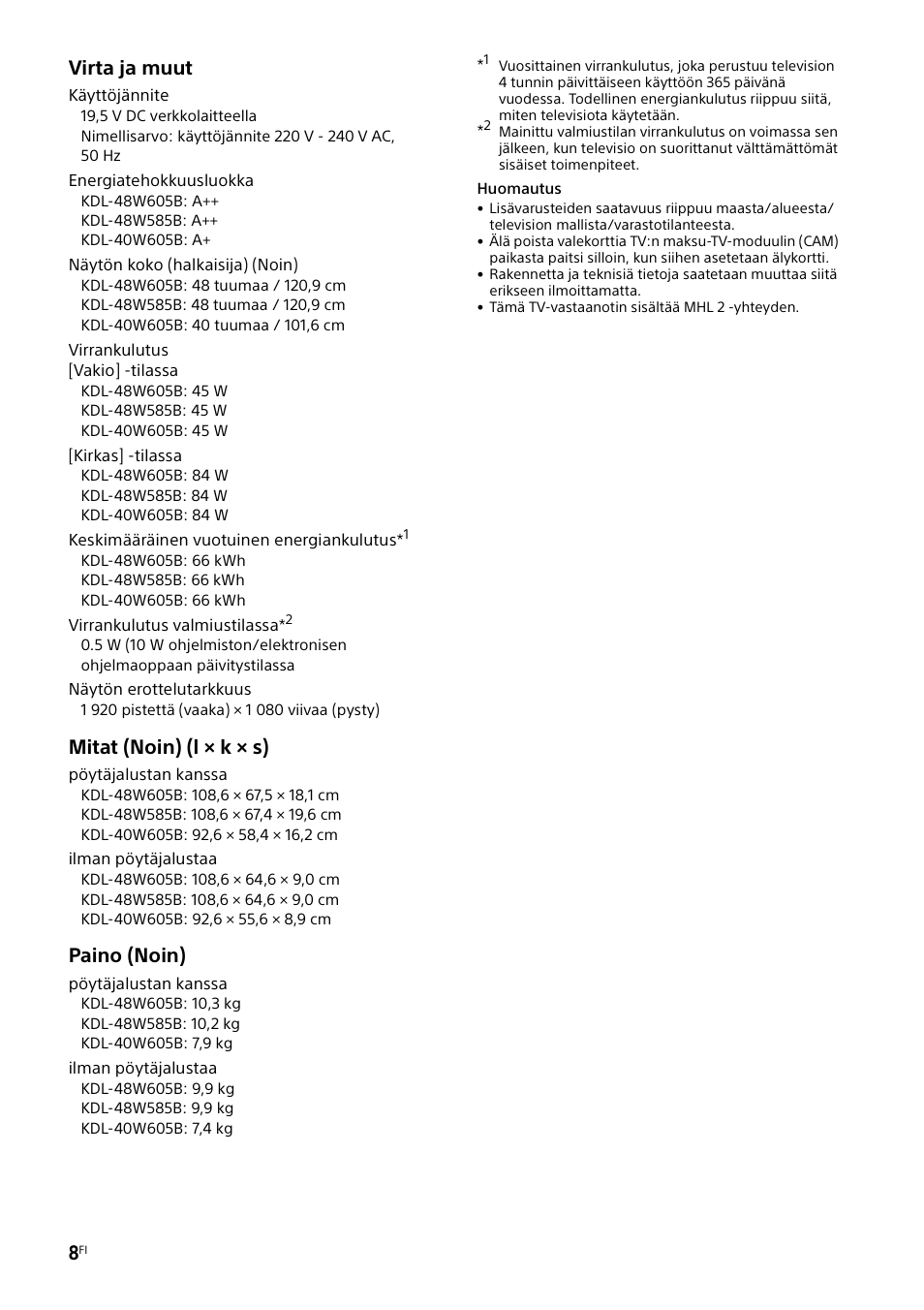 Virta ja muut, Mitat (noin) (l × k × s), Paino (noin) | Sony KDL-48W585B User Manual | Page 88 / 192