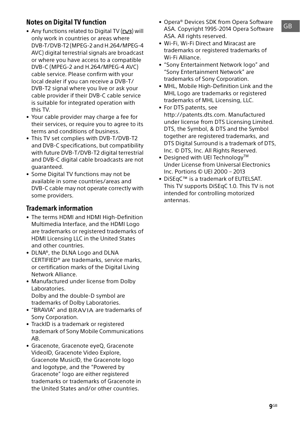 Trademark information | Sony KDL-48W585B User Manual | Page 9 / 192