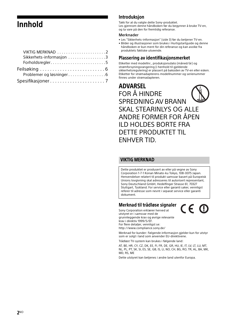 Viktig merknad, Innhold, Introduksjon | Plassering av identifikasjonsmerket, Merknad til trådløse signaler | Sony KDL-48W585B User Manual | Page 90 / 192