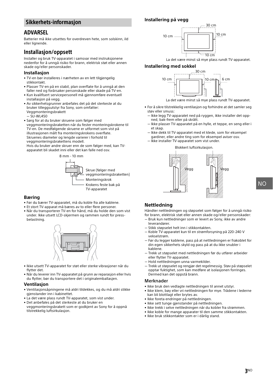 Sikkerhets-informasjon, Es "sikkerhets-informasjon, Side 3) f | No 3, Advarsel, Installasjon/oppsett | Sony KDL-48W585B User Manual | Page 91 / 192