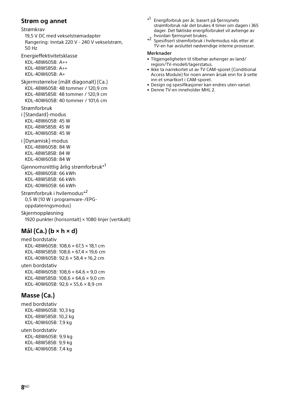 Strøm og annet, Mål (ca.) (b × h × d), Masse (ca.) | Sony KDL-48W585B User Manual | Page 96 / 192