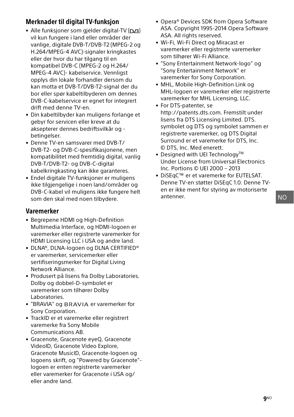 Merknader til digital tv-funksjon, Varemerker | Sony KDL-48W585B User Manual | Page 97 / 192