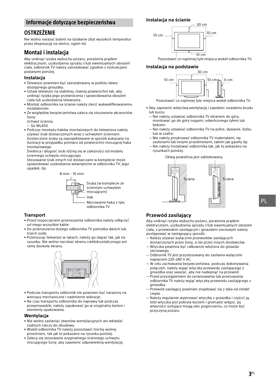 Informacje dotyczące bezpieczeństwa, Informacje, Montaż i instalacja | Sony KDL-48W585B User Manual | Page 99 / 192