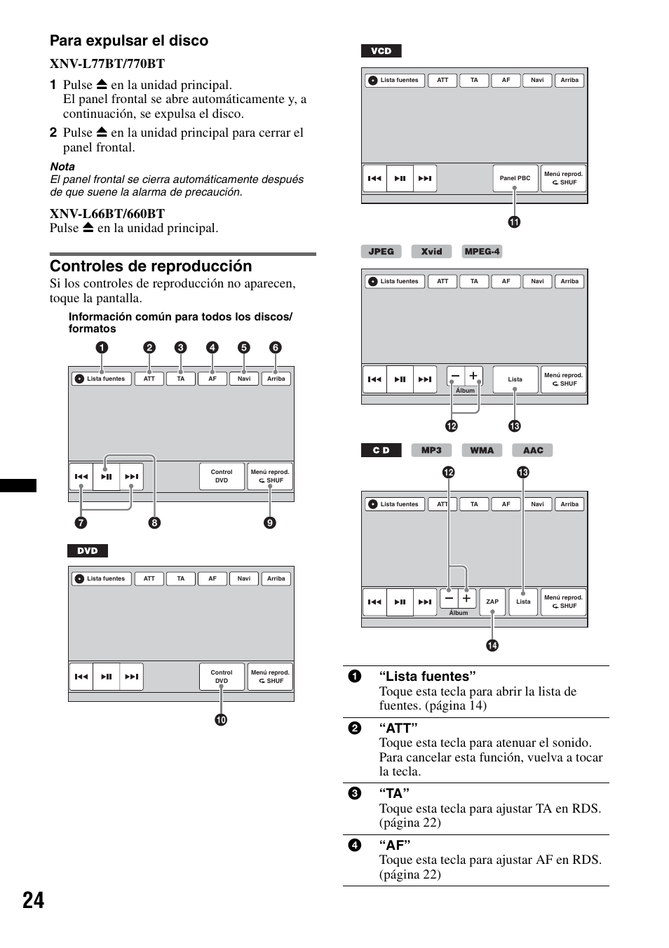 Controles de reproducción, Para expulsar el disco, Qd qs | Qf qd qs | Sony XNV-660BT User Manual | Page 100 / 248