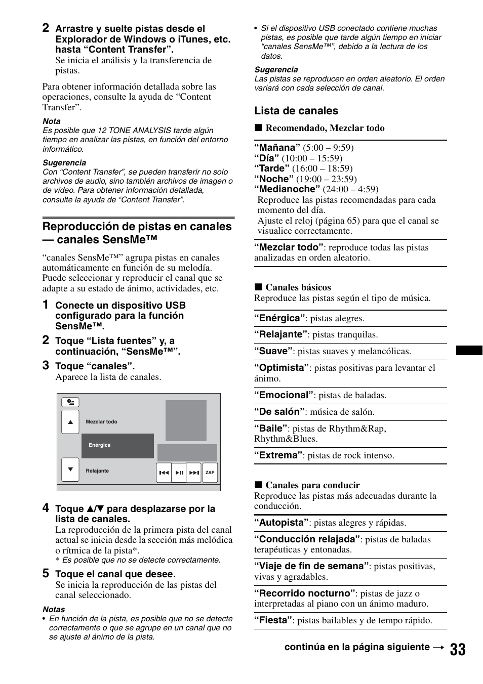 Reproducción de pistas en canales — canales sensme | Sony XNV-660BT User Manual | Page 109 / 248