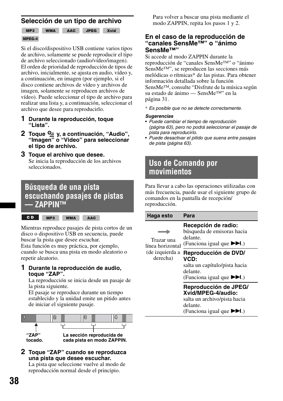 Selección de un tipo de archivo, Uso de comando por movimientos | Sony XNV-660BT User Manual | Page 114 / 248