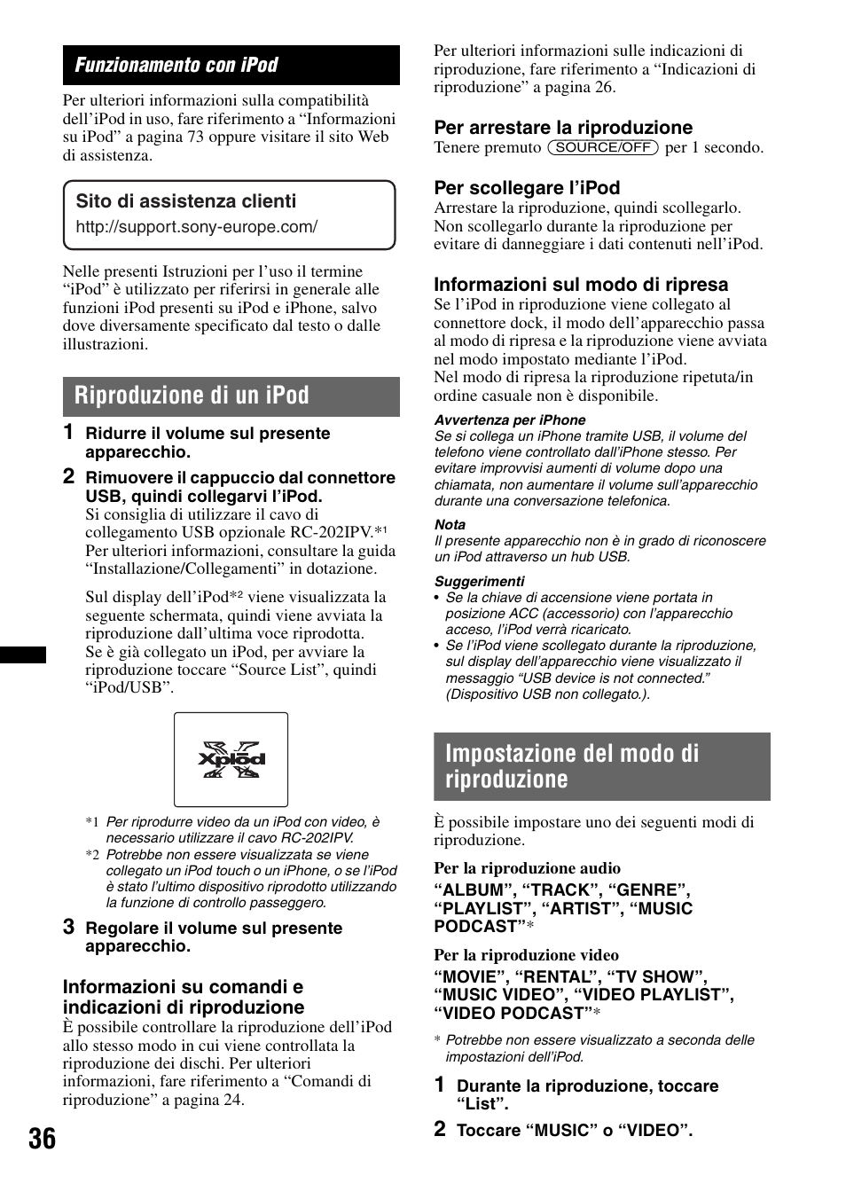 Funzionamento con ipod, Riproduzione di un ipod, Impostazione del modo di riproduzione | Sony XNV-660BT User Manual | Page 194 / 248