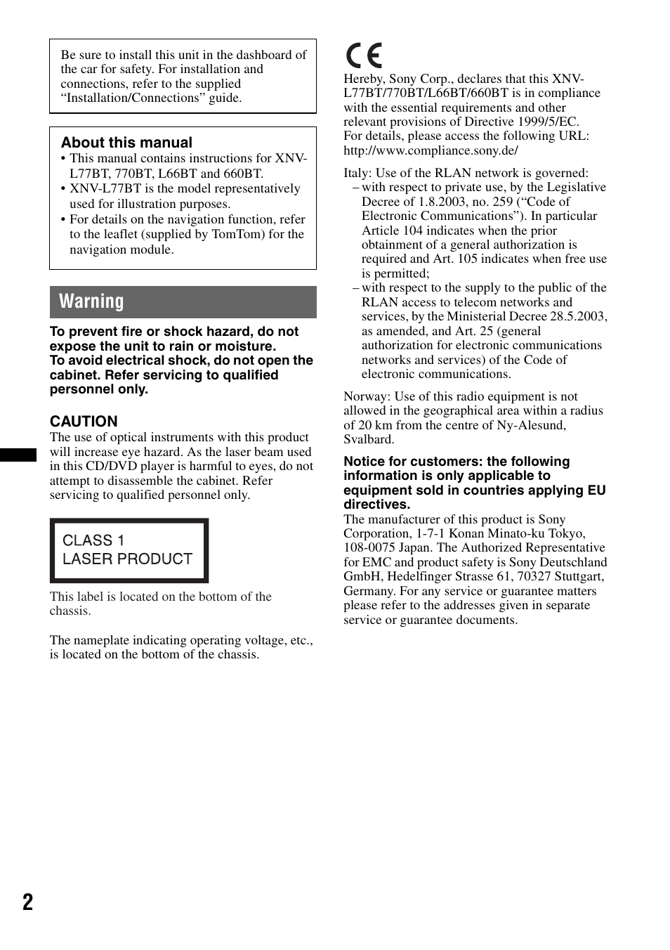 Warning | Sony XNV-660BT User Manual | Page 2 / 248