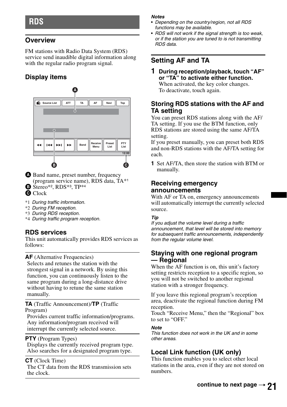 Overview, Setting af and ta, Overview setting af and ta | Display items, Rds services, Storing rds stations with the af and ta setting, Receiving emergency announcements, Staying with one regional program — regional, Local link function (uk only) | Sony XNV-660BT User Manual | Page 21 / 248