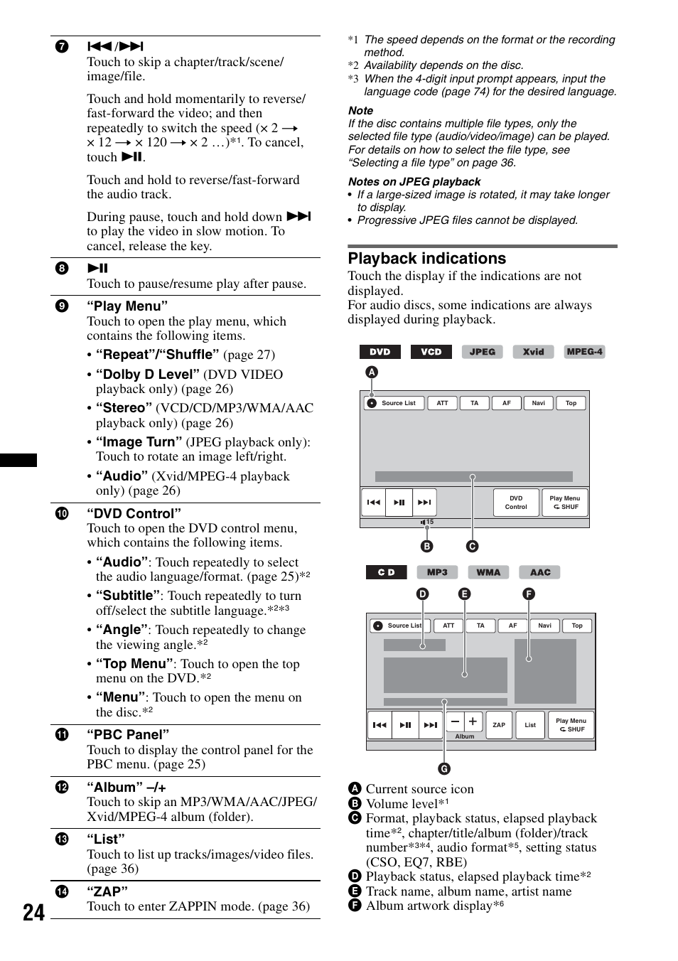 Playback indications | Sony XNV-660BT User Manual | Page 24 / 248