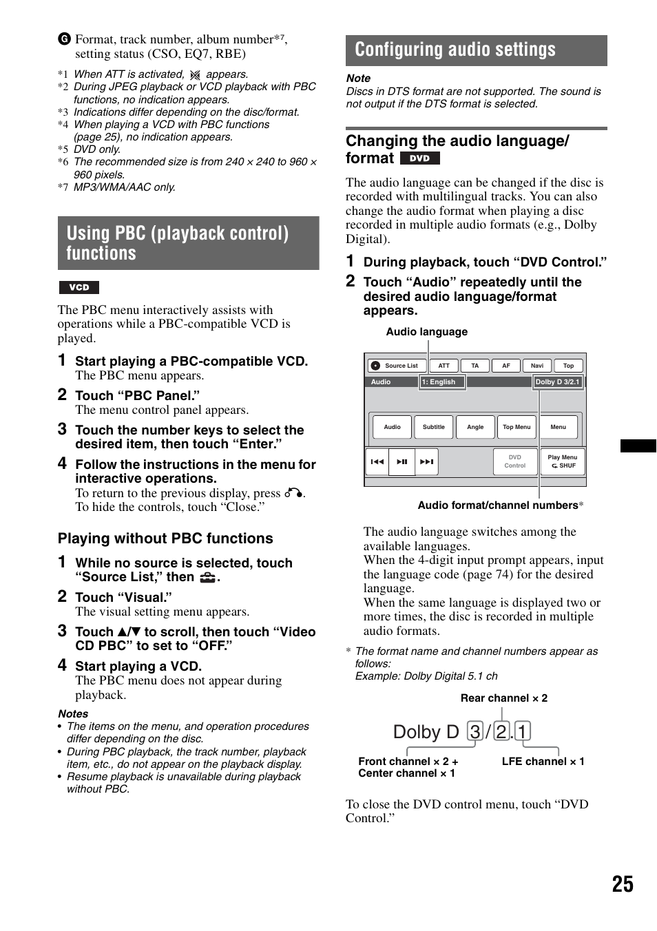 Using pbc (playback control) functions, Configuring audio settings, Changing the audio language/format | Dolby d 3 / 2, Changing the audio language/ format, Playing without pbc functions | Sony XNV-660BT User Manual | Page 25 / 248