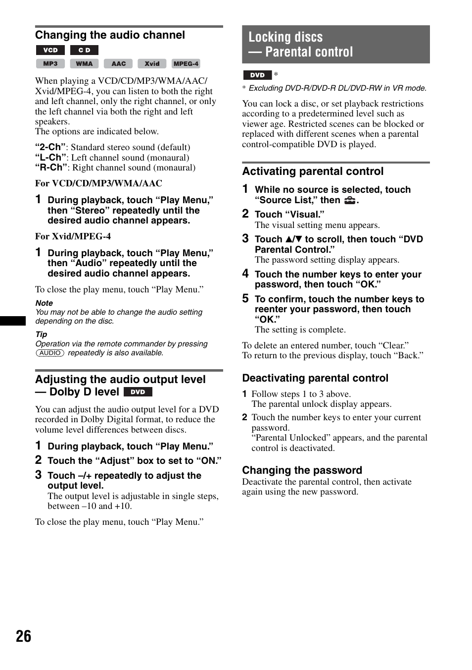 Changing the audio channel, Adjusting the audio output level — dolby d level, Locking discs — parental control | Activating parental control | Sony XNV-660BT User Manual | Page 26 / 248