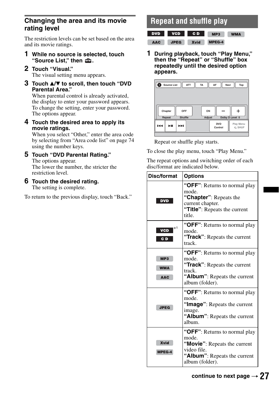 Changing the area and its movie rating level, Repeat and shuffle play | Sony XNV-660BT User Manual | Page 27 / 248