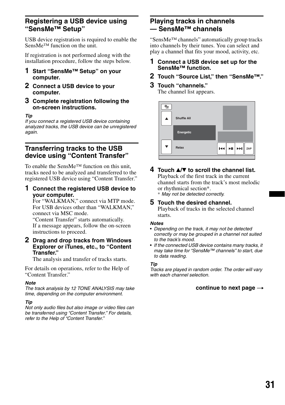 Registering a usb device using “sensme™ setup, Playing tracks in channels — sensme™ channels | Sony XNV-660BT User Manual | Page 31 / 248