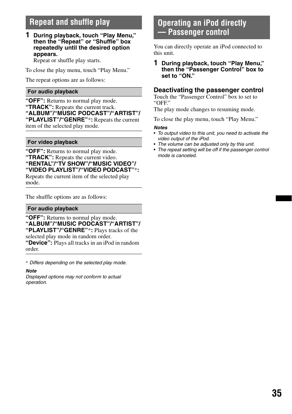 Repeat and shuffle play, Operating an ipod directly — passenger control | Sony XNV-660BT User Manual | Page 35 / 248