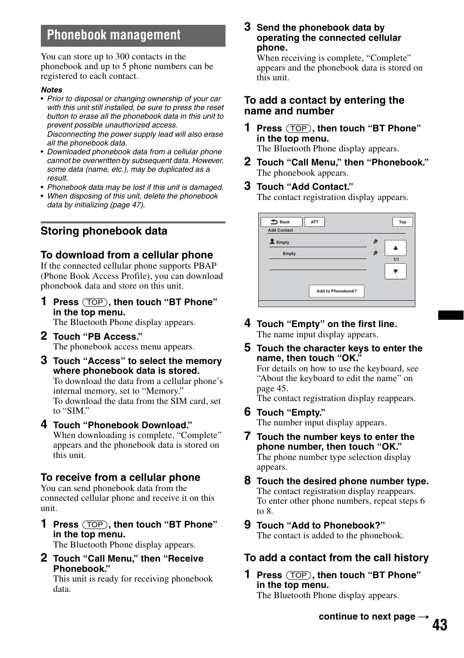 Phonebook management, Storing phonebook data | Sony XNV-660BT User Manual | Page 43 / 248