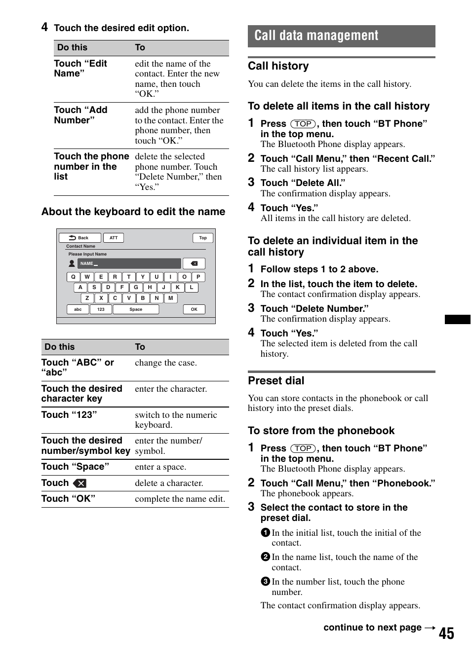 Call data management, Call history, Preset dial | Call history preset dial, About the keyboard to edit the name | Sony XNV-660BT User Manual | Page 45 / 248