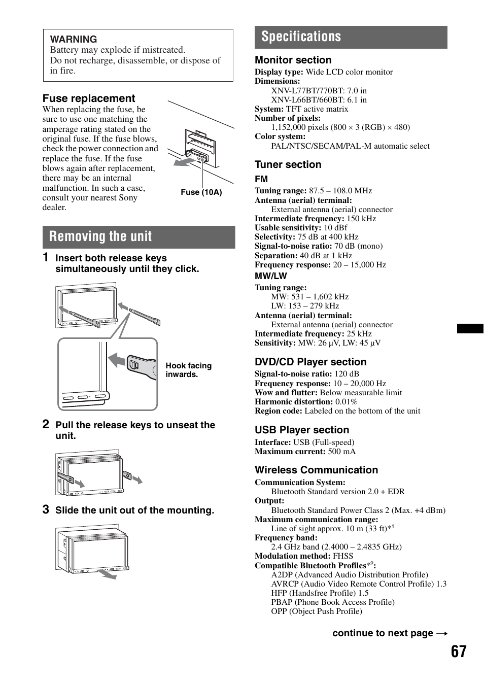 Removing the unit, Specifications | Sony XNV-660BT User Manual | Page 67 / 248