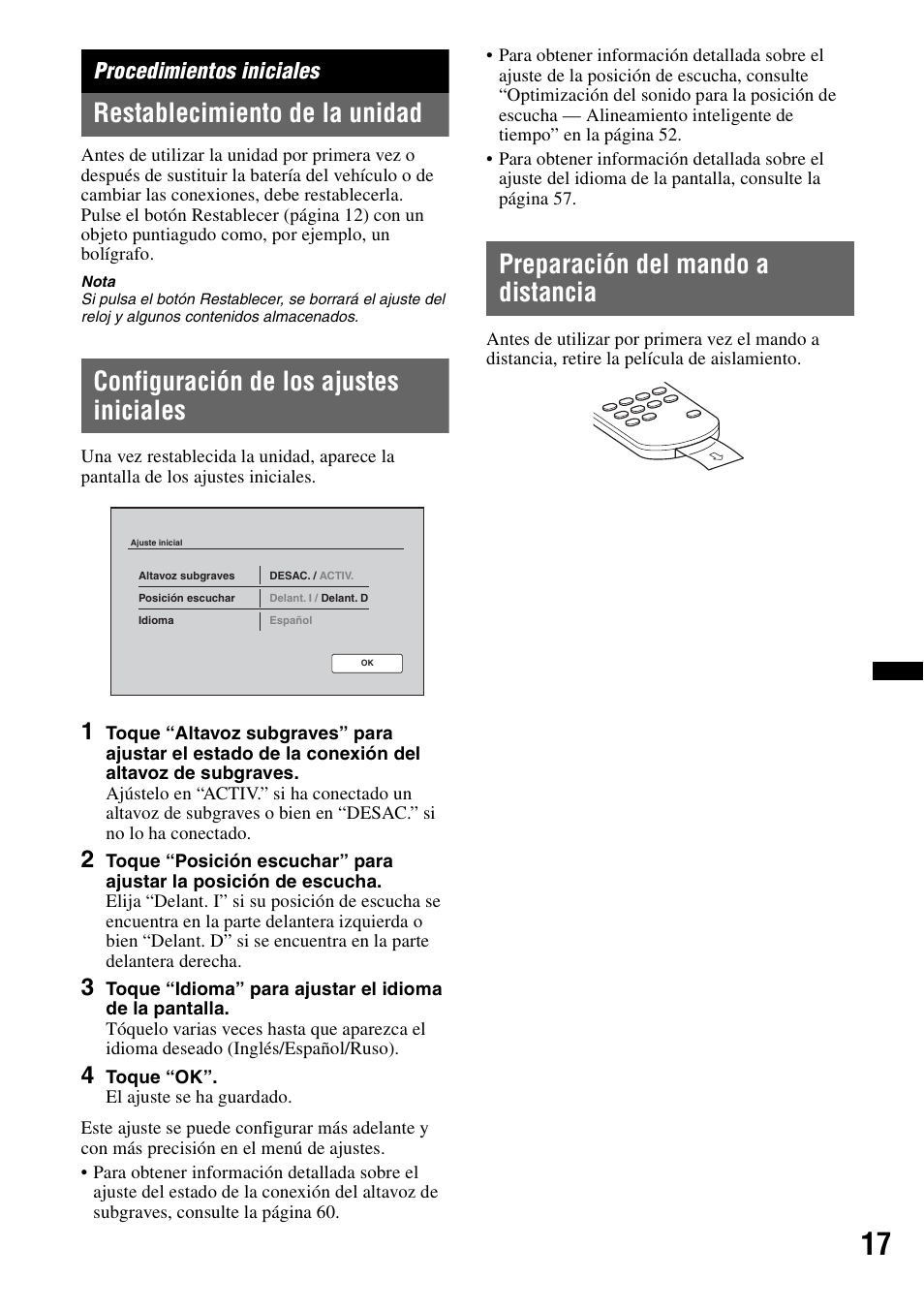 Procedimientos iniciales, Restablecimiento de la unidad, Configuración de los ajustes iniciales | Preparación del mando a distancia | Sony XNV-660BT User Manual | Page 93 / 248