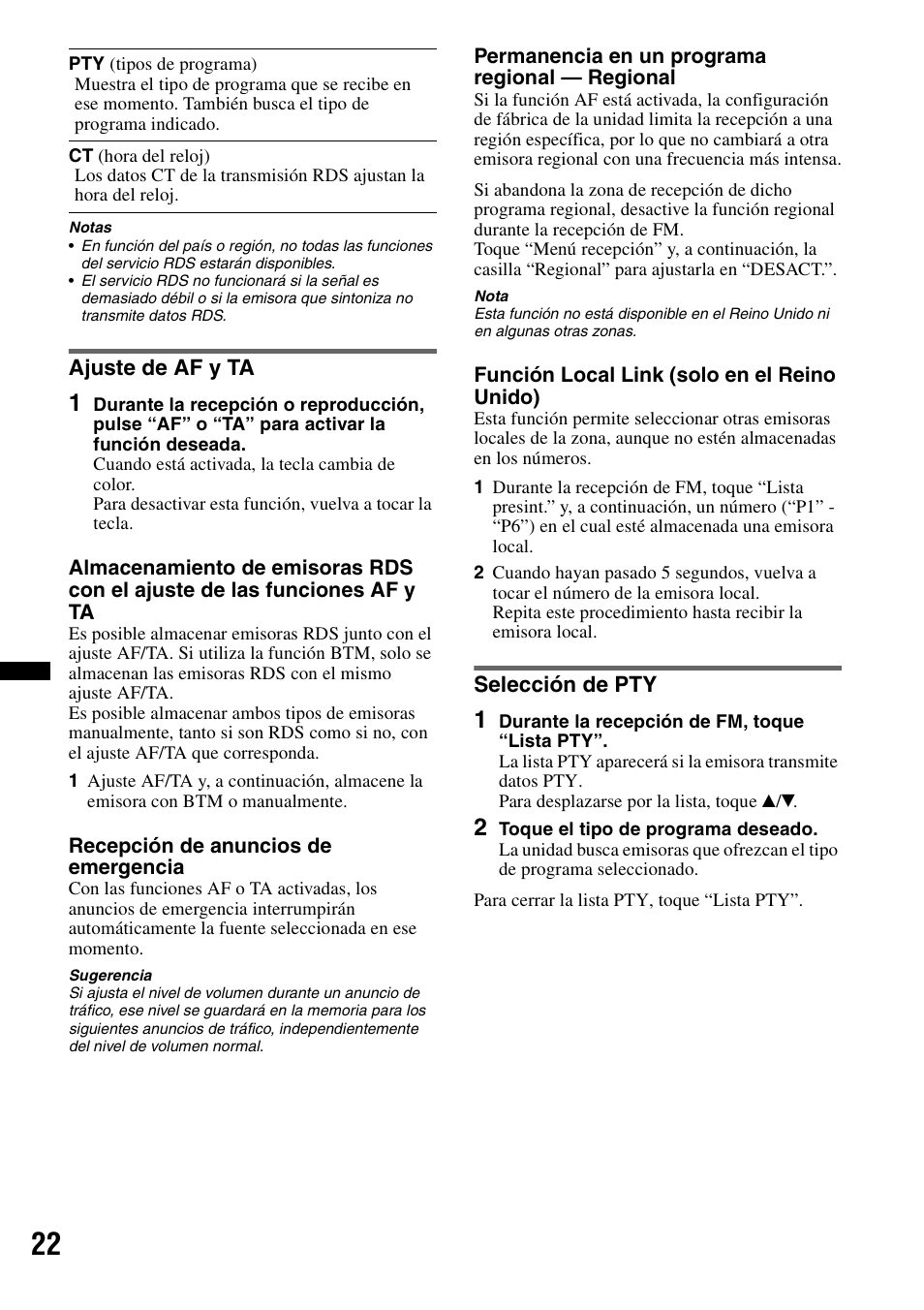 Ajuste de af y ta, Selección de pty, Ajuste de af y ta selección de pty | Sony XNV-660BT User Manual | Page 98 / 248