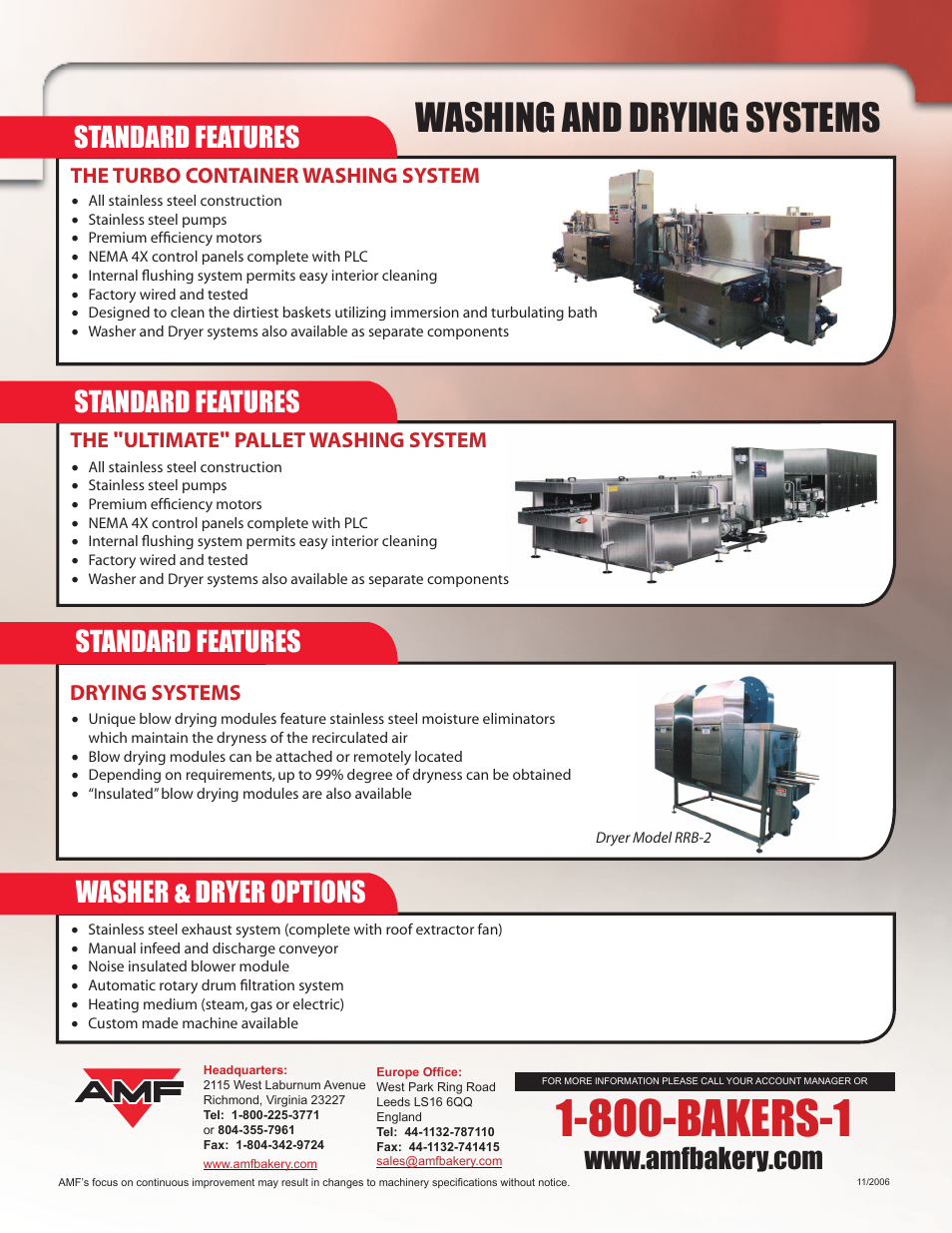 800-bakers-1, Washing and drying systems, Standard features | Washer & dryer options, The turbo container washing system, The "ultimate" pallet washing system, Drying systems | AMF Washing And Drying System User Manual | Page 2 / 2