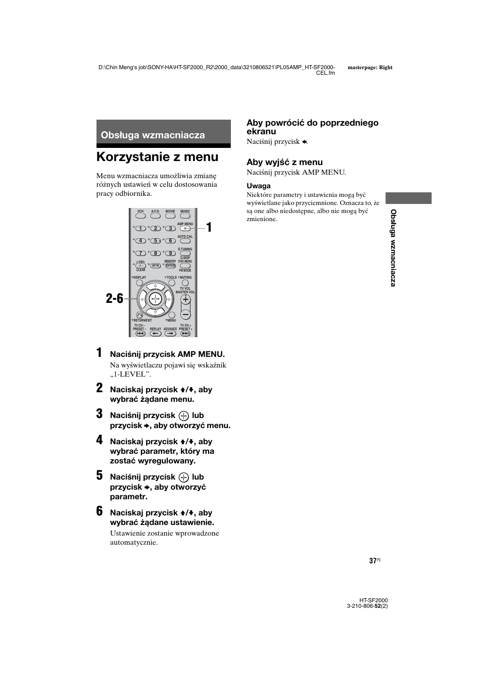 Obsługa wzmacniacza, Korzystanie z menu, Aby powrócić do poprzedniego ekranu | Aby wyjść z menu | Sony HT-SS2000 User Manual | Page 109 / 148