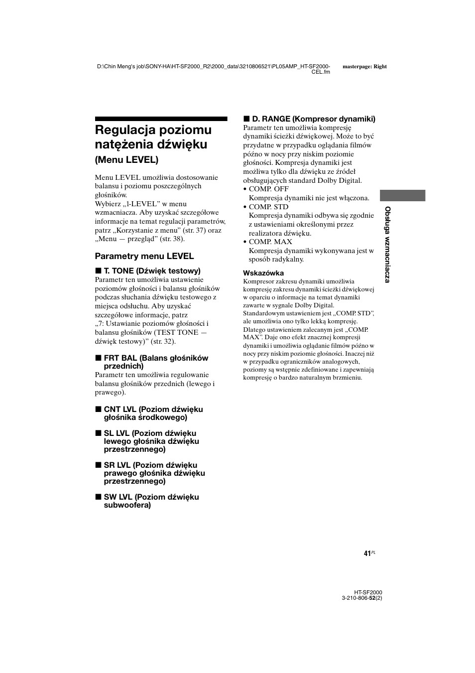 Regulacja poziomu natężenia dźwięku (menu level), Regulacja poziomu natężenia dźwięku, Menu level) | Sony HT-SS2000 User Manual | Page 113 / 148
