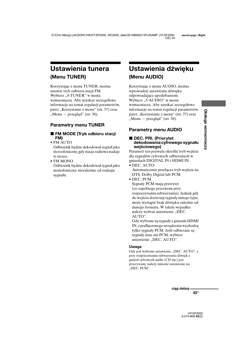 Ustawienia tunera (menu tuner), Ustawienia dźwięku (menu audio), Ustawienia tunera | Ustawienia dźwięku, Menu tuner), Menu audio) | Sony HT-SS2000 User Manual | Page 115 / 148
