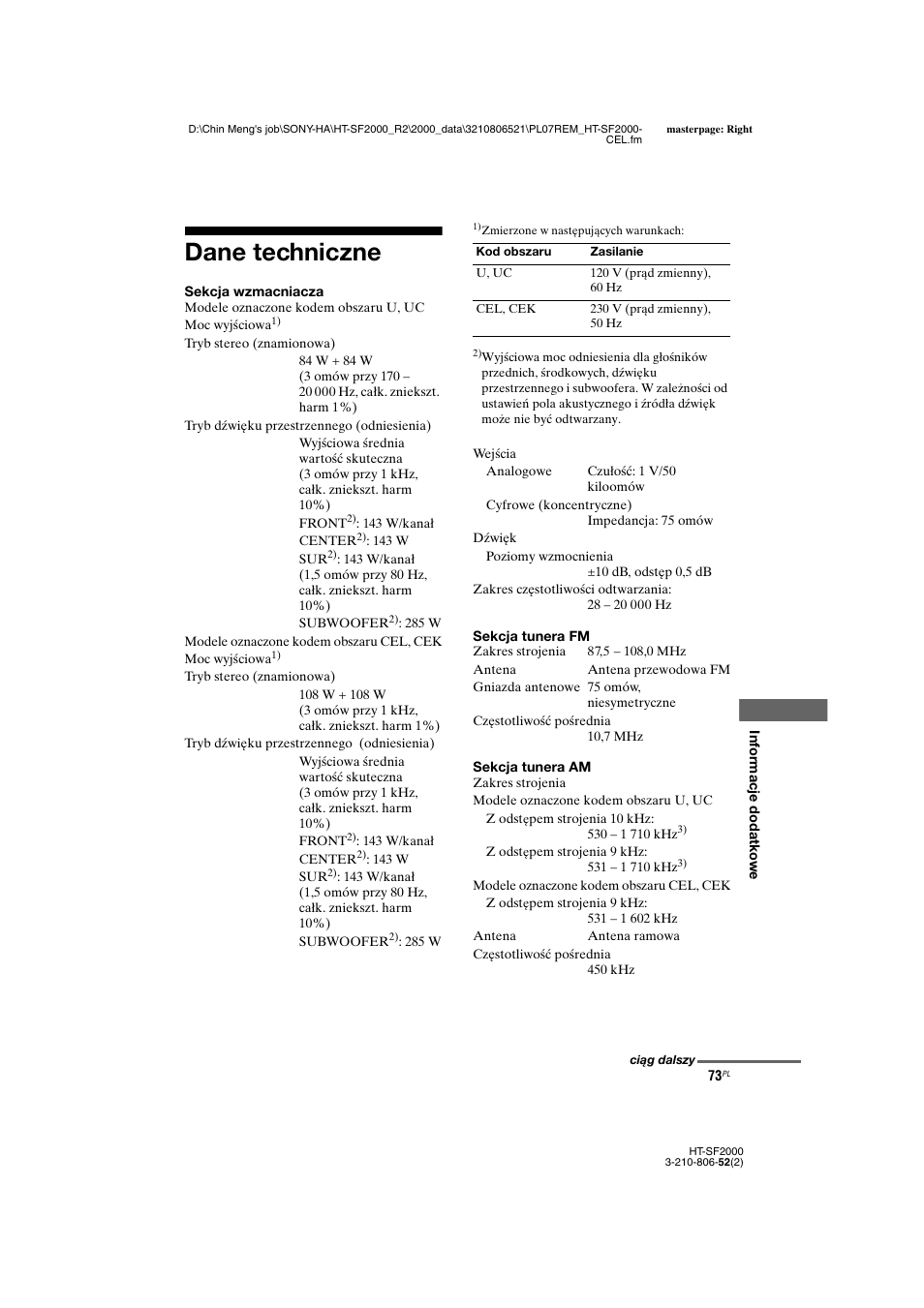 Dane techniczne | Sony HT-SS2000 User Manual | Page 145 / 148