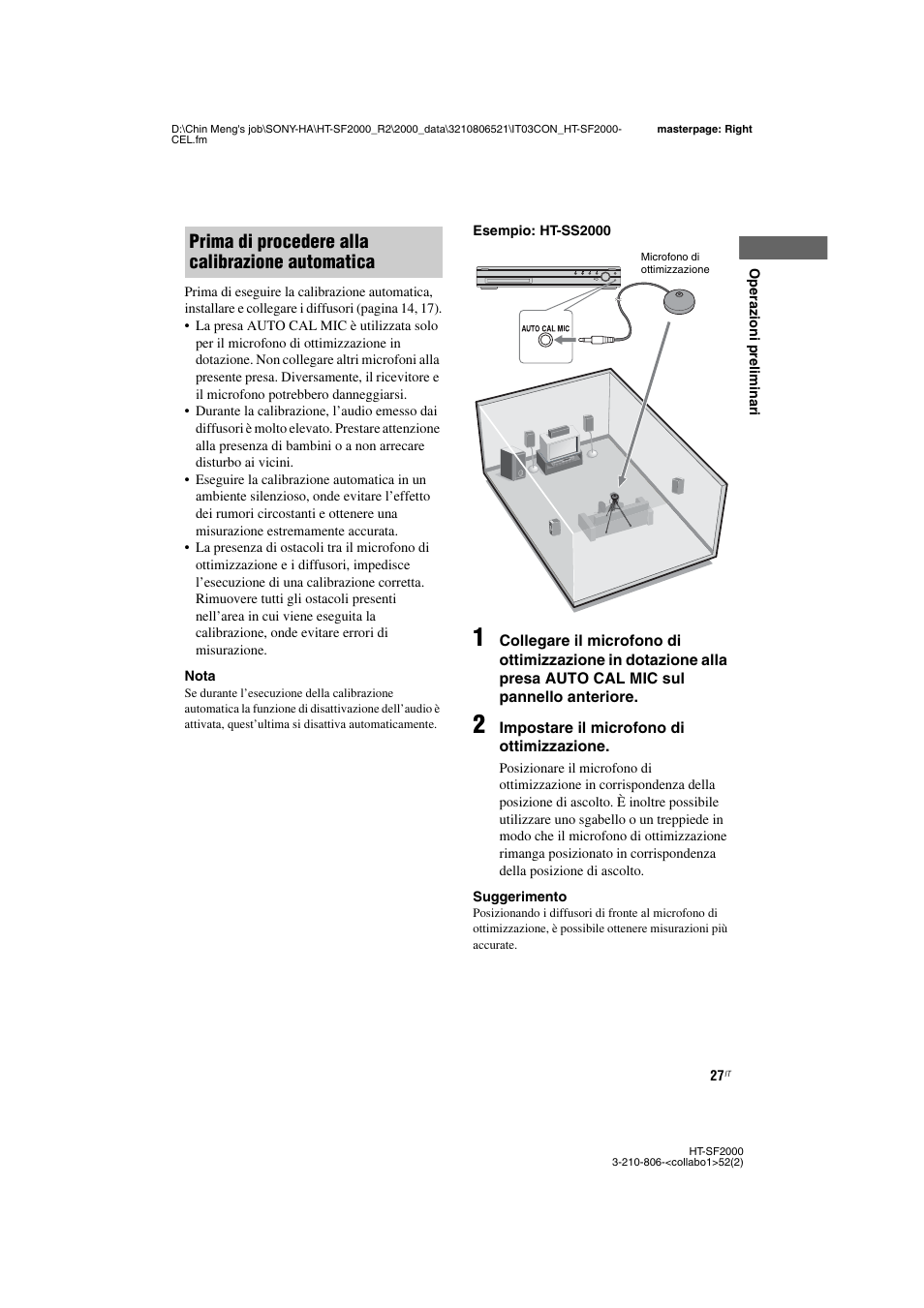 Prima di procedere alla calibrazione automatica | Sony HT-SS2000 User Manual | Page 27 / 148