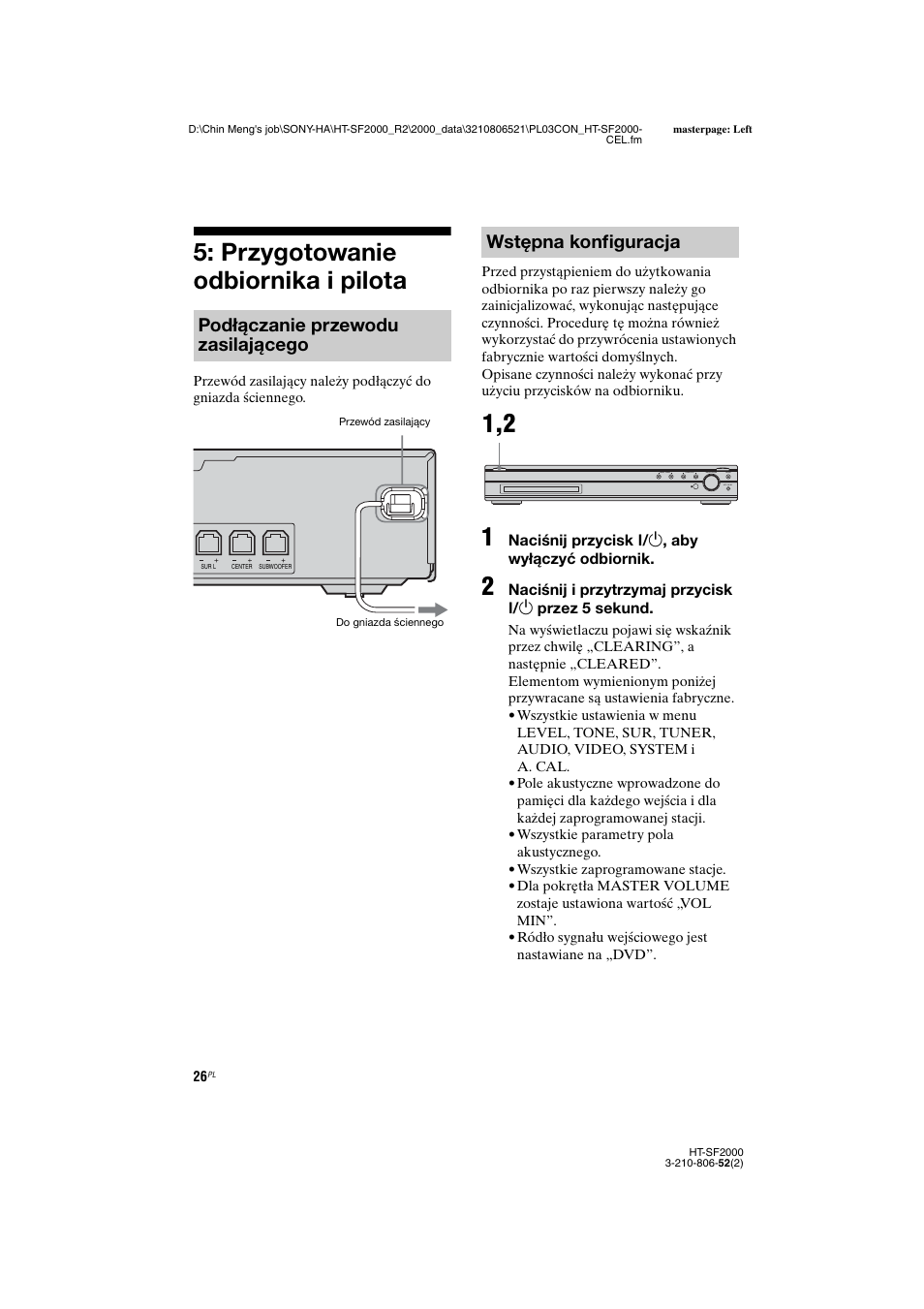 Przygotowanie odbiornika i pilota, Podłączanie przewodu zasilającego, Wstępna konfiguracja | Sony HT-SS2000 User Manual | Page 98 / 148