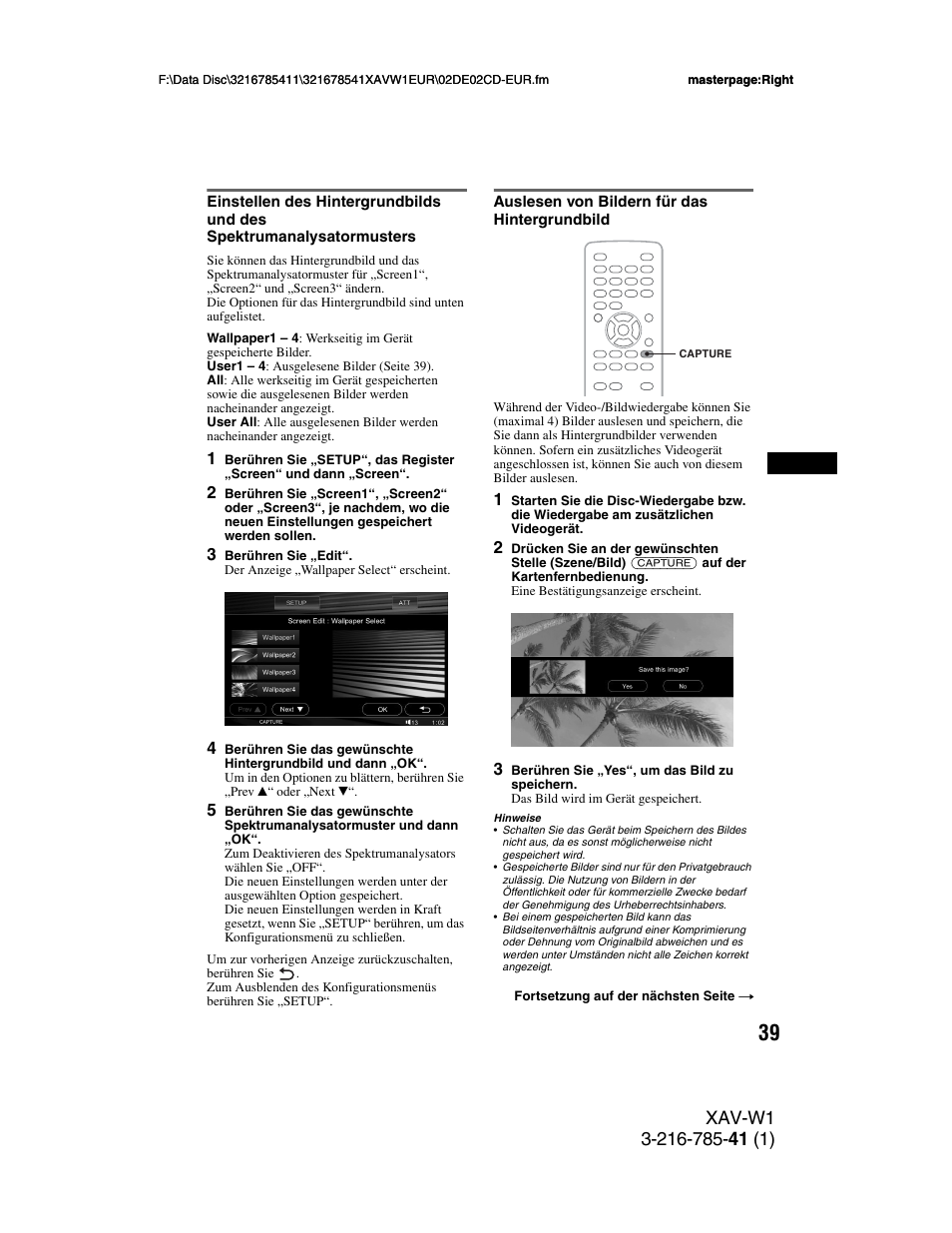 Auslesen von bildern für das hintergrundbild, Hintergrundbild, Seite 39 | Aste capture 39 | Sony XAV-W1 User Manual | Page 103 / 344