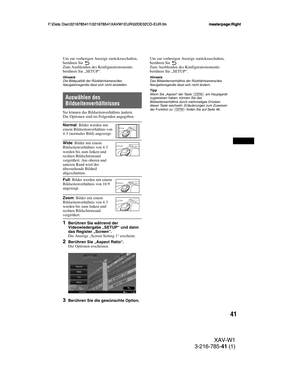 Auswählen des bildseitenverhältnisses | Sony XAV-W1 User Manual | Page 105 / 344