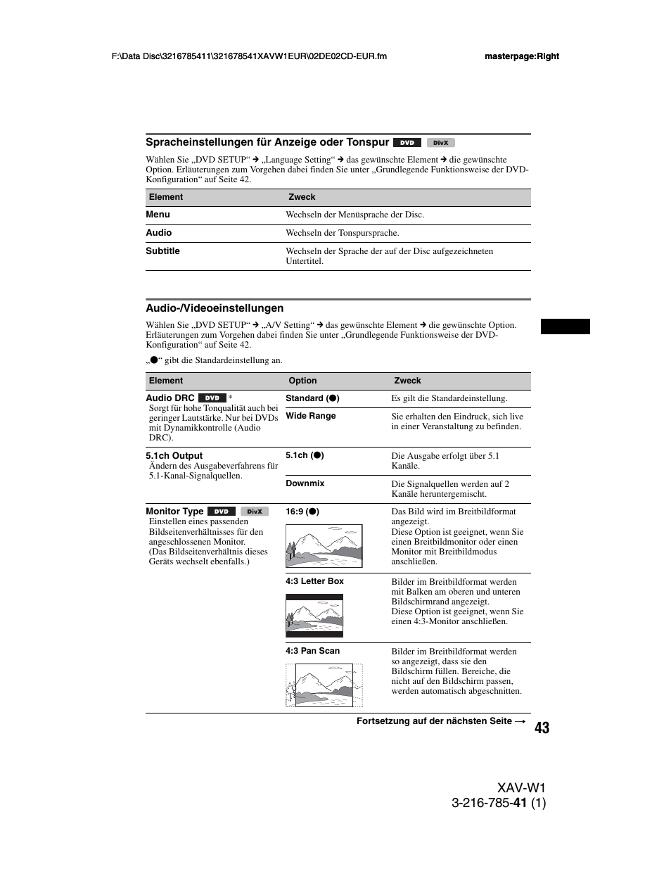 Spracheinstellungen für anzeige oder tonspur, Audio-/videoeinstellungen, Spracheinstellungen für anzeige oder | Tonspur audio-/videoeinstellungen, Seite 43) | Sony XAV-W1 User Manual | Page 107 / 344