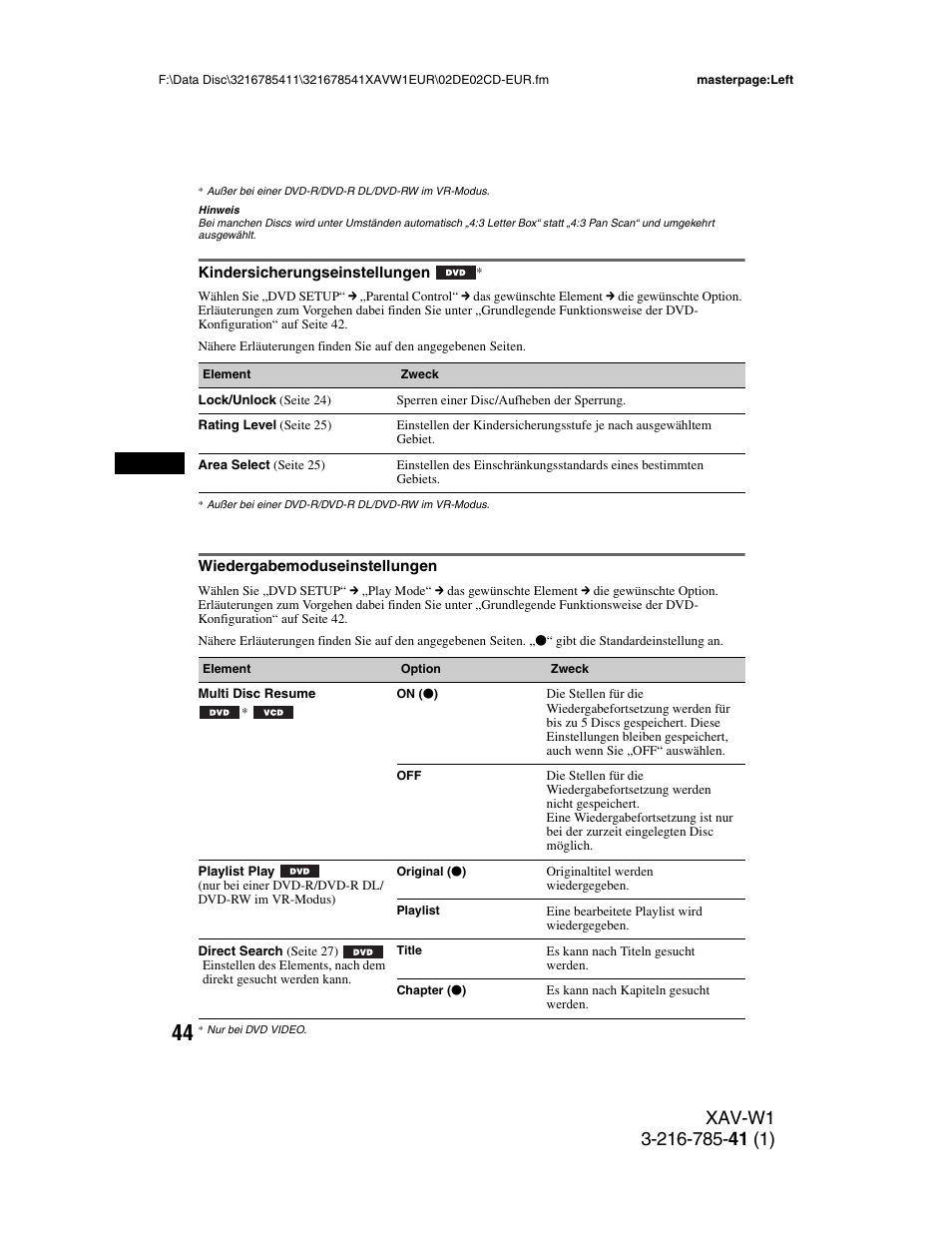 Kindersicherungseinstellungen, Wiedergabemoduseinstellungen, Seite 44 | Ng (seite 44), Seite 44) | Sony XAV-W1 User Manual | Page 108 / 344