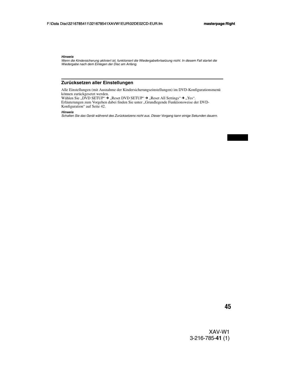 Zurücksetzen aller einstellungen, Seite 45) | Sony XAV-W1 User Manual | Page 109 / 344