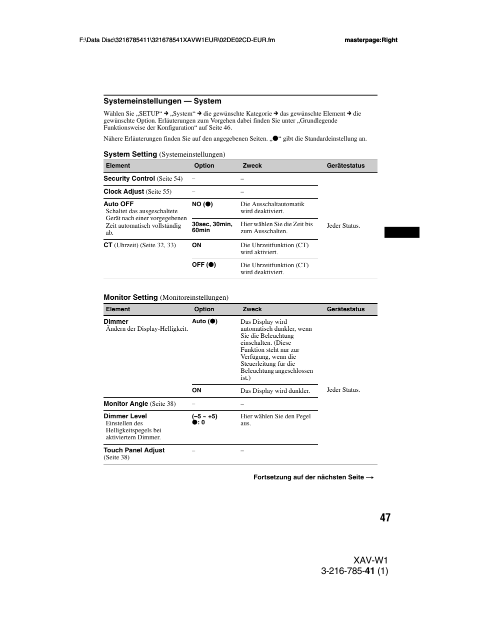 Systemeinstellungen - system, Ein (seite 47), Systemeinstellungen — system | Seite 47), N (seite 47 | Sony XAV-W1 User Manual | Page 111 / 344