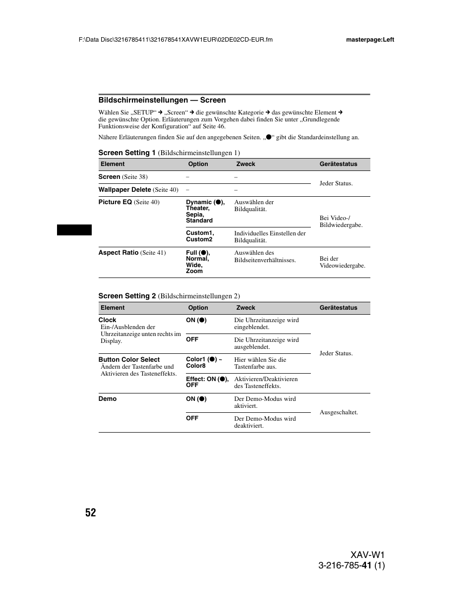 Bildschirmeinstellungen - screen, E auf seite 52, Bildschirmeinstellungen — screen | N (seite 52 | Sony XAV-W1 User Manual | Page 116 / 344