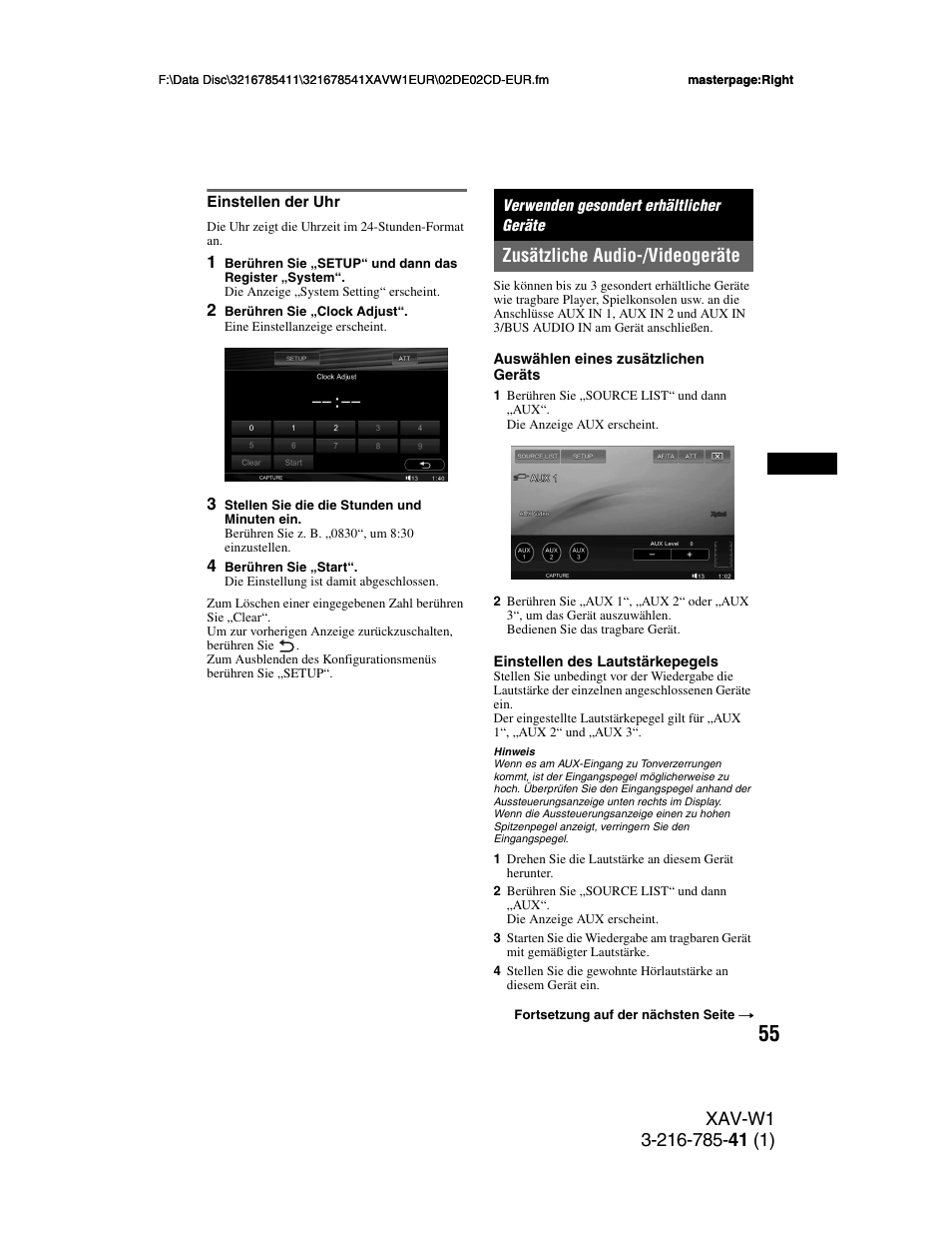 Einstellen der uhr, Verwenden gesondert erhältlicher geräte, Zusätzliche audio-/videogeräte | Seite 55, Seite 55) | Sony XAV-W1 User Manual | Page 119 / 344