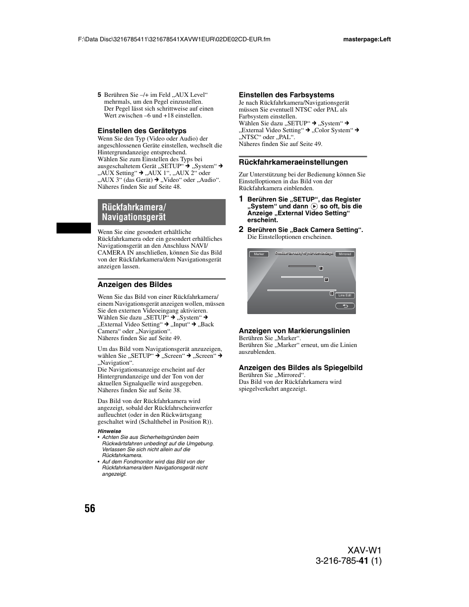 Rückfahrkamera/ navigationsgerät, Anzeigen des bildes, Rückfahrkameraeinstellungen | Rückfahrkamera/navigationsgerät, Anzeigen des bildes rückfahrkameraeinstellungen, Seite 56) | Sony XAV-W1 User Manual | Page 120 / 344