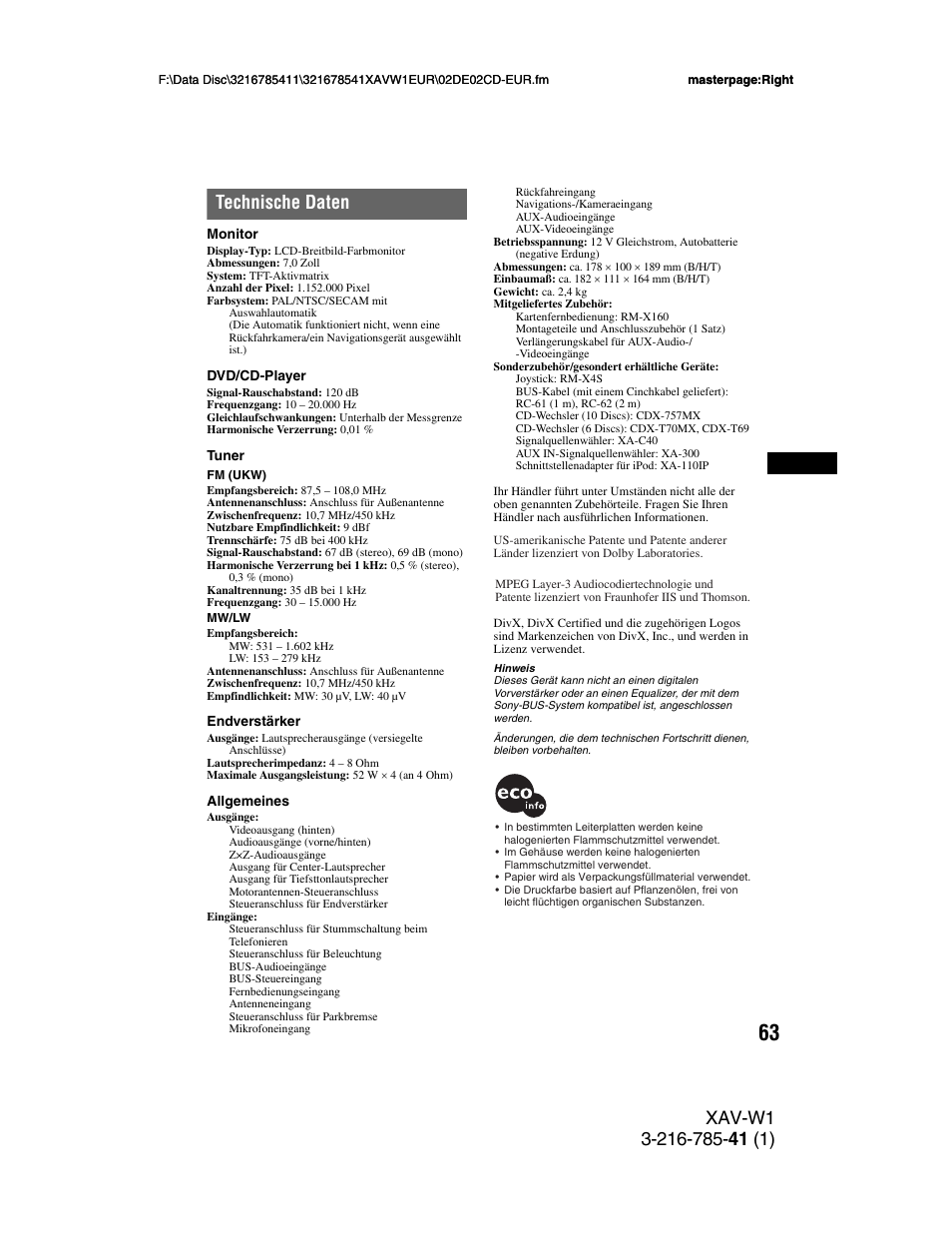 Technische daten | Sony XAV-W1 User Manual | Page 127 / 344