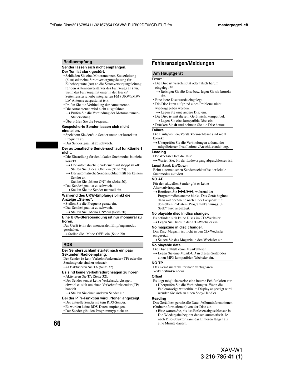 Fehleranzeigen/meldungen | Sony XAV-W1 User Manual | Page 130 / 344