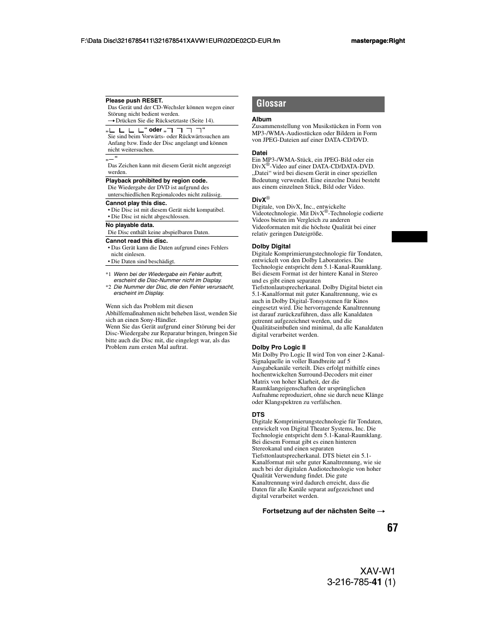 Glossar | Sony XAV-W1 User Manual | Page 131 / 344