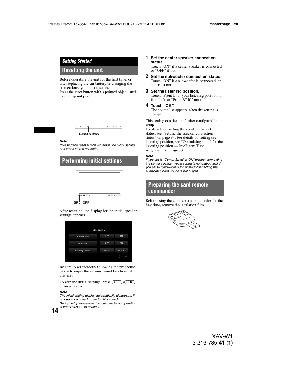 Getting started, Resetting the unit, Performing initial settings | Preparing the card remote commander, Preparing the card remote, Commander, N 14 | Sony XAV-W1 User Manual | Page 14 / 344