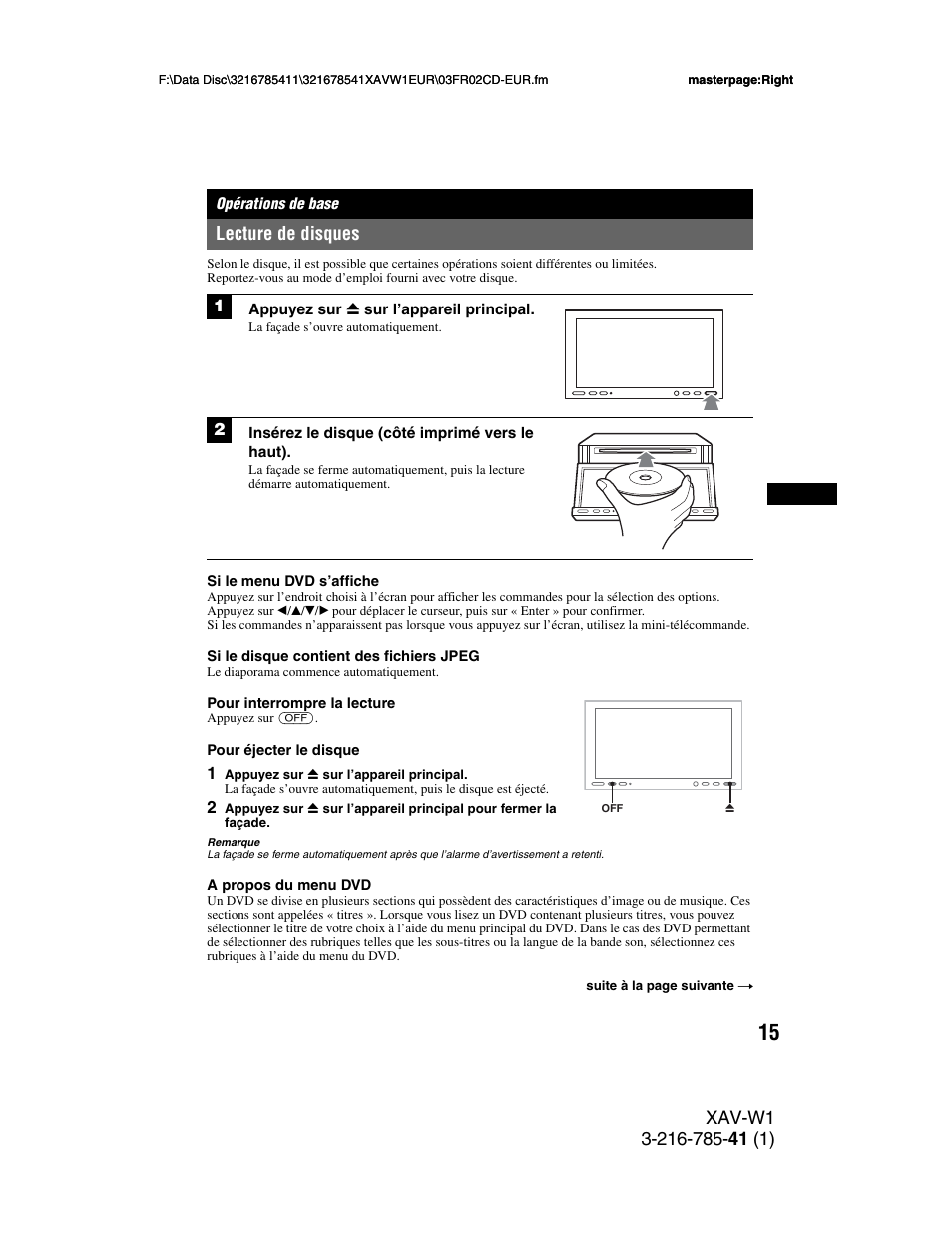 Opérations de base, Lecture de disques | Sony XAV-W1 User Manual | Page 149 / 344